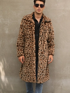 Cappotto da Uomo in Pelliccia Sintetica Leopardata Caldo Ispessito Manica Lunga Revers Peluche Soprabito Moda Invernale Cappotto Lungo