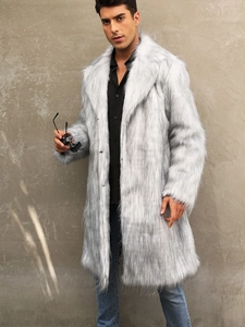Men's fashion faux fox fur long coat in light grey featuring a stylish lapel collar