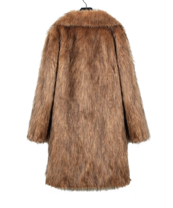 Detailed close-up of thick faux fox fur texture on a brown mid-length men's coat