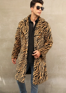 Close-up of premium faux fur texture on a men's long coat with bold tiger stripe print
