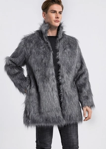 Detail of grey men's faux fur coat with high stand-up collar and plush texture
