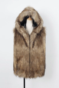 Detail of the thick faux fox fur texture and hood on this brown men's vest