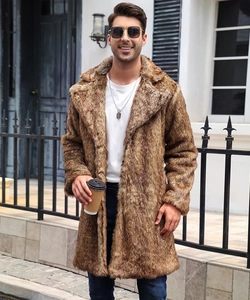 Brown faux fox fur long coat for men with wide lapels in an urban street style