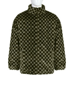 Detail of checkered faux fur jacket featuring a stand collar and metal zipper closure