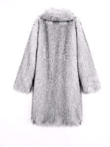 Back view detail of women's gray faux fox fur long coat with thick collar and plush texture