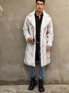 Manteau long en fausse fourrure pour homme blanc et noir avec grand col et doublure chaude