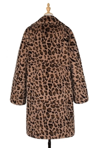 Rear view of long leopard print faux fur coat with oversized collar and plush texture