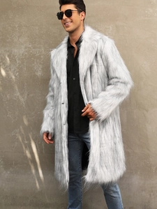 Men's long faux fox fur coat with notched lapel and grey textured plush finish