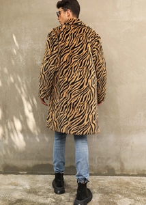 Back view of a long faux fur tiger print coat for men with stylish street fashion style