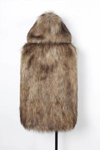 Detail of plush hooded brown faux fox fur vest showing realistic thick texture and pile