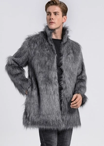 Detail of grey faux fur coat featuring dense texture and stylish stand-up collar