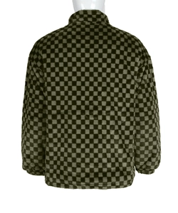 Rear view of checkers pattern faux fur jacket with stand collar and plush texture