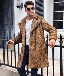 Detail of the men's long faux fur coat showing rich brown texture and large lapel collar