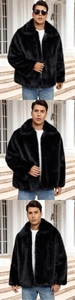 Detail of premium faux fur texture on men's lapel jacket with a black glossy finish