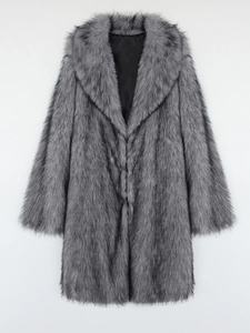 Detailed close-up of luxurious long-haired grey faux fox fur texture and inner lining