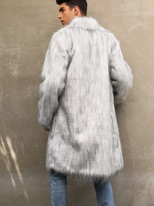 Men's faux fox fur coat in light gray featuring long pile plush and a classic lapel collar