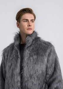 Detail of premium faux fur texture on men's stand collar winter coat in dark gray