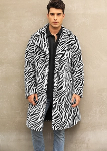 Men's faux fur coat featuring bold zebra print and wide lapels for a stylish winter look