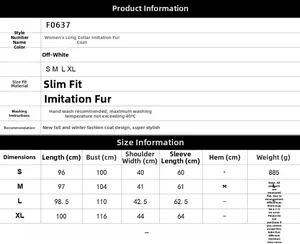 Size chart table for long faux fur lapel coat in cream white showing S to XL dimensions