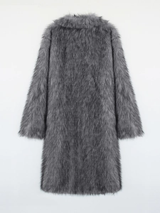 Detailed back view showing the plush texture of a grey long faux fox fur coat for women