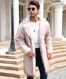 Detail of white and reddish-brown gradient faux fox fur texture on men's long coat