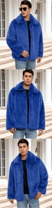 Detail of royal blue faux fur jacket collar and plush texture on men lapel short coat