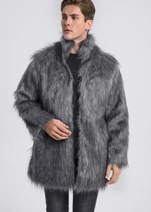 Close-up of luxury men's smokey grey faux fur coat with stand collar and plush texture