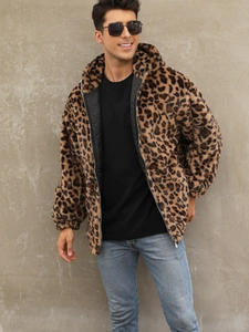 Mens thick leopard print faux fur hoodie jacket with warm black quilted lining