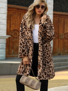 Women Leopard Print Faux Fur Coat Winter Warm Mid Long Notched Lapel Shaggy Outwear Overcoat Casual Fashion Streetwear