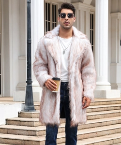 Detail of faux fox fur coat with wide lapel and brown tips on a white base for men