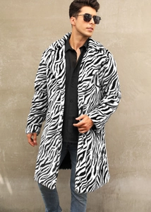 Detail shot of men's faux fur coat with zebra stripes and classic wide lapels
