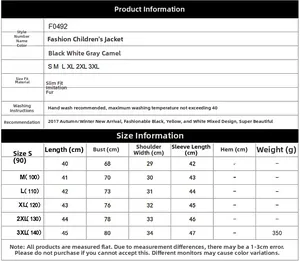 Detailed size chart for children faux fur coat with measurements for S to 3XL sizes