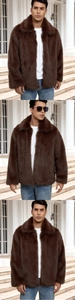 Close-up detail of premium brown faux fur jacket with lapel collar for men in winter