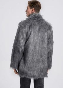 Rear view of grey men's faux fur coat showing thick high-quality plush texture and fit