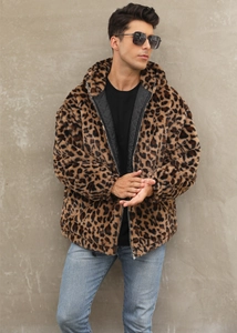 Detail of men's leopard faux fur hooded jacket with black quilted lining and metal zipper
