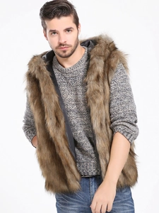 Men Faux Fur Vest Hooded Artificial Fox Fur Waistcoat British Style Warm Sleeveless Jacket Casual Outerwear For Men