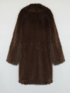 Detailed back view of a plush long faux fur coat in deep brown with thick collar