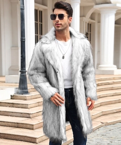 Detailed view of men's long faux fox fur coat with thick white-grey texture for winter