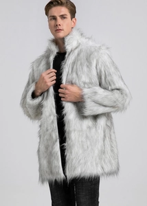 Detailed view of premium faux fur texture on men's white and grey stand collar coat