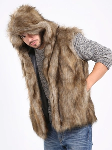 Men's stylish faux fox fur hooded vest in dark brown featuring long dense plush texture