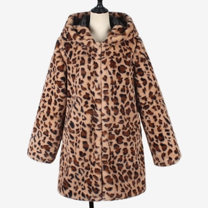 Close-up of leopard print faux fur coat featuring a plush hood and warm black lining