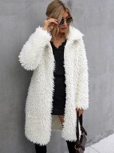 Women's faux fur winter coat in white with a stylish oversized collar and fluffy texture