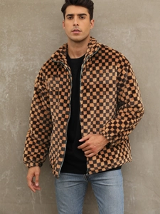 Men's checkered faux fur jacket with stand collar and zipper closure in brown and black