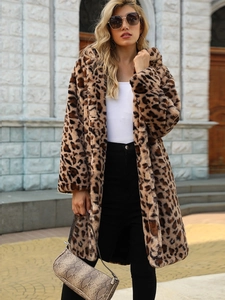 Faux fur leopard print long coat with lapel collar for women in winter street style