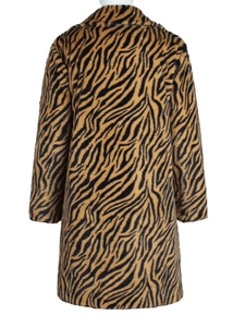 Detailed view of back section of faux fur coat featuring zebra pattern and thick texture