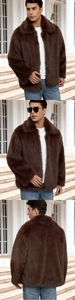 Detailed views showing the texture and cut of the men's faux fur jacket in dark brown