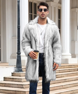 Detail shot of men's faux fox fur coat in grey-white gradient with plush texture
