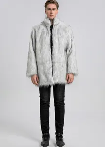 Detail of grey and white faux fox fur texture on men's stand collar winter coat