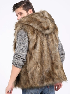 Men's brown faux fox fur hooded vest with fluffy long hair texture and sleeveless design
