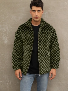 Men's green and black checkerboard faux fur jacket with stand collar and zipper